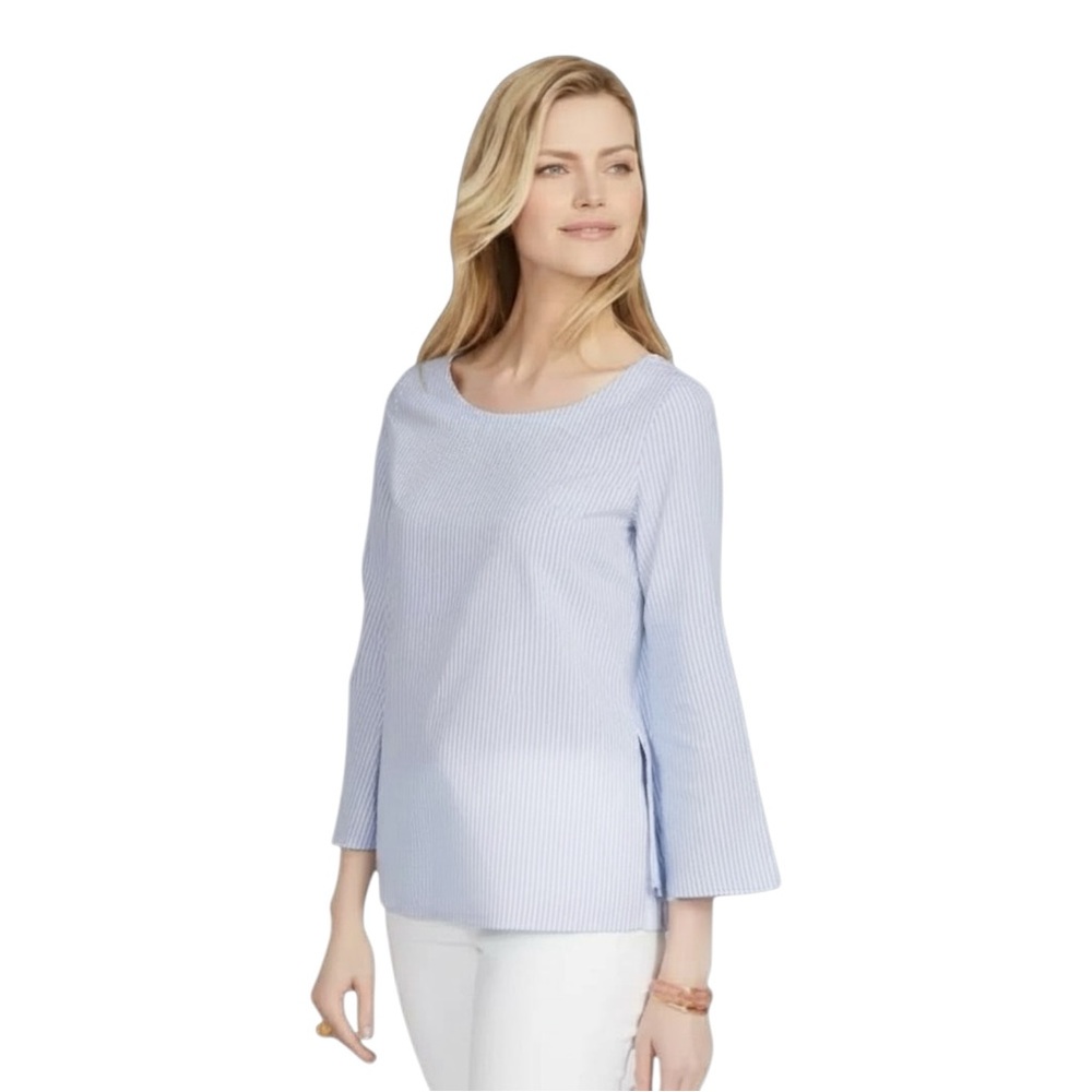 J. McLaughlin Coretta Top Women’s Size Large Blue White Stripe 3/4 Sleeve